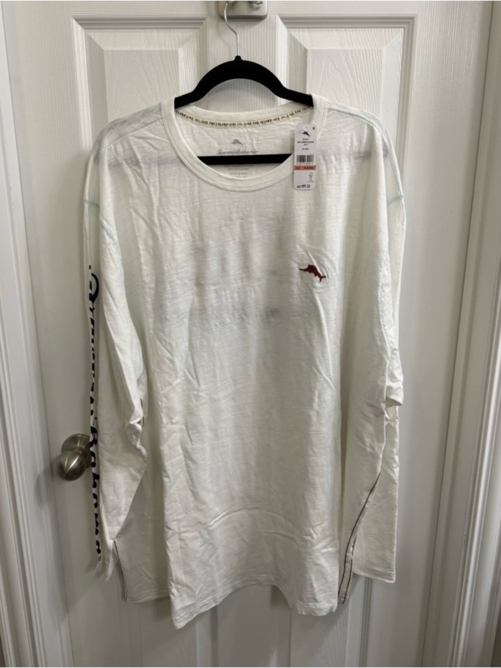 Tommy Bahama White Long-Sleeve Graphic Tee with Small Red Fish Logo